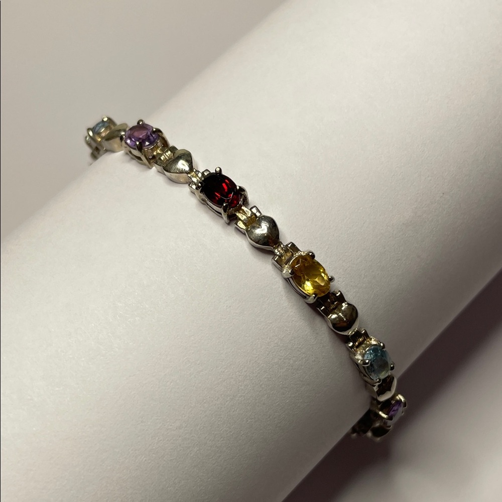 Elegant 7” Sterling Silver Multicolor Gemstone Bracelet